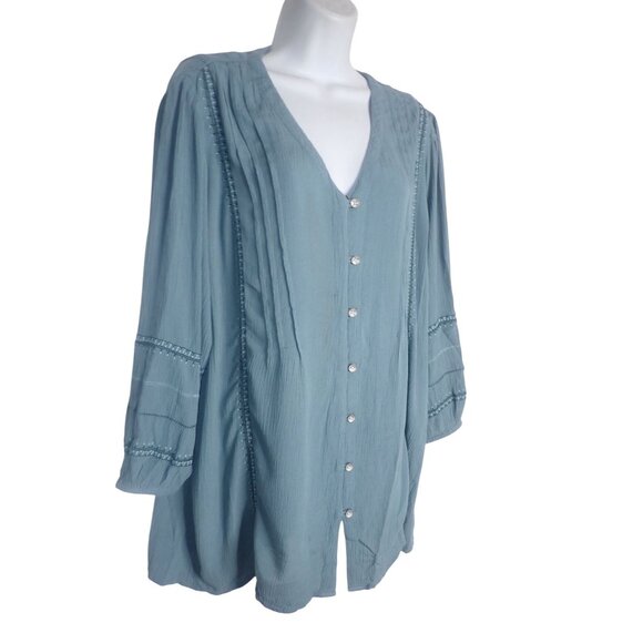 J. Jill Blue Long-Sleeve Button-Down Tunic Blouse Gauzy Pintuck PM Boho Casual - Picture 2 of 7